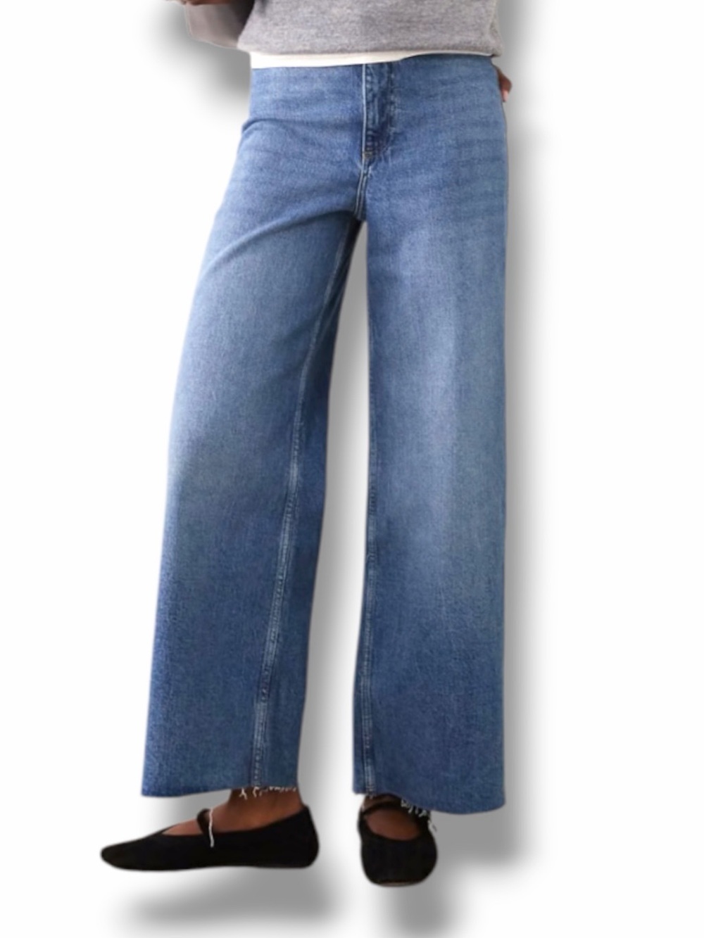 MNG Catherine Medium Wash High Rise Wide Leg Raw Hem Jeans Size 8